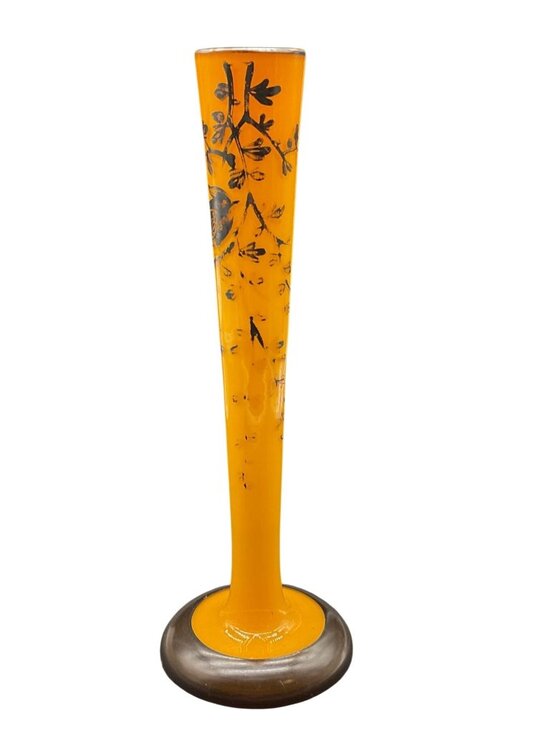 Czech Other - Vintage Bohemian Czech Tango Art Nouveau Glass Vase Yellow Silver Overlay 10"H